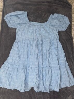 Light Blue Puff Sleeve Midi Dress - Women